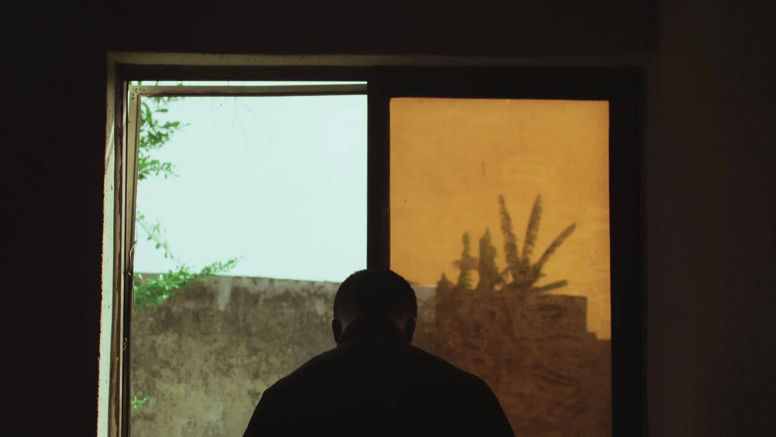 Silhueta de homem visto de costas diante de janela com luz quente de fim de tarde, em quarto silencioso