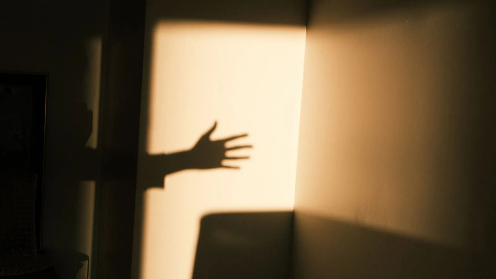 Sombra de mão aberta projetada em parede iluminada por luz quente de fim de tarde, evocando a alegoria da caverna